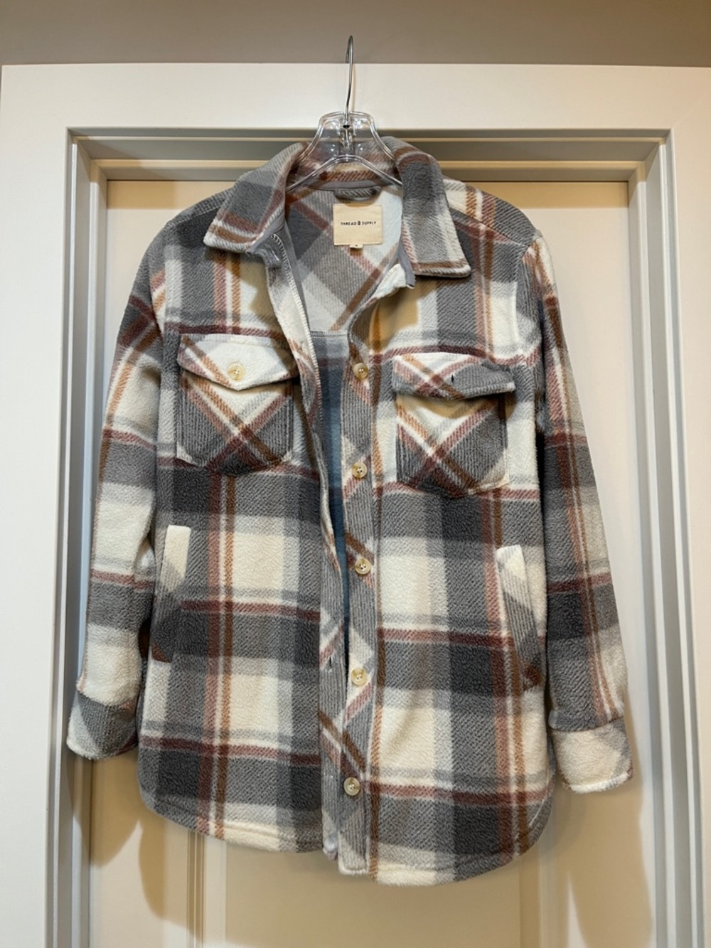 Thread & Supply Plaid Teddy Shacket in Gray, Cream & Brown Tones - Picture 2 of 7